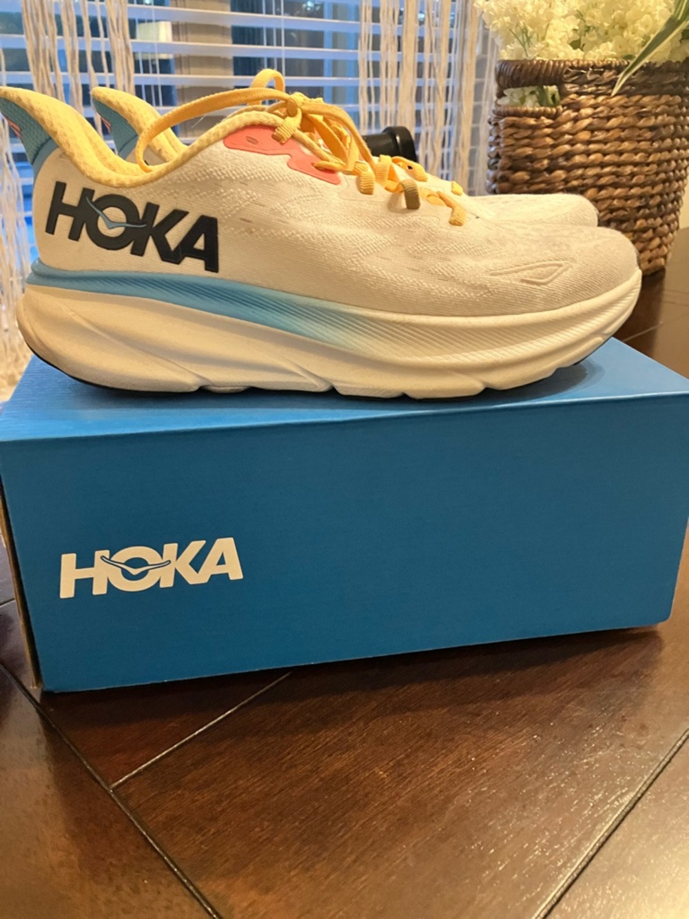 Hoka White, Light Blue & Yellow Running Shoes - Picture 3 of 5